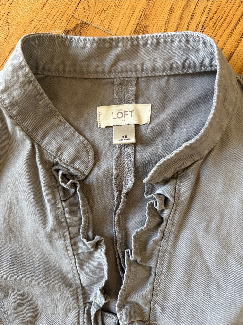 LOFT Pale Gray Ruffle Front Jacket - Picture 2 of 6